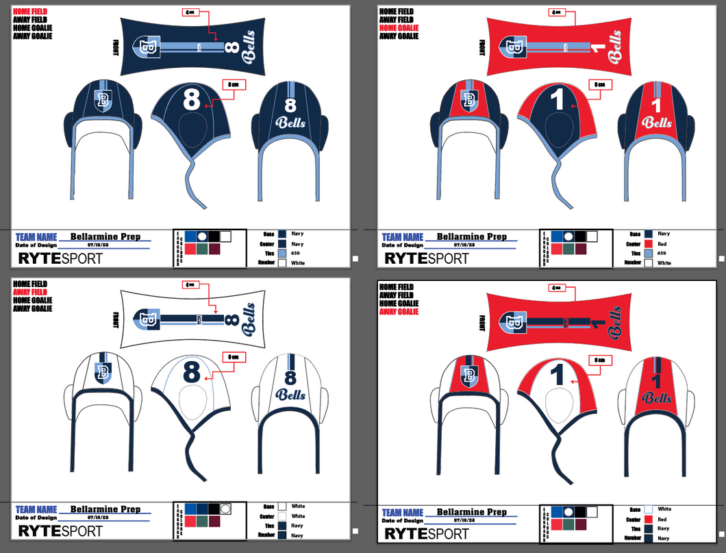 Bellarmine Water Polo Caps 2-25 Home and Away 1, 1A, 1B, 1C Goalies Home and Away